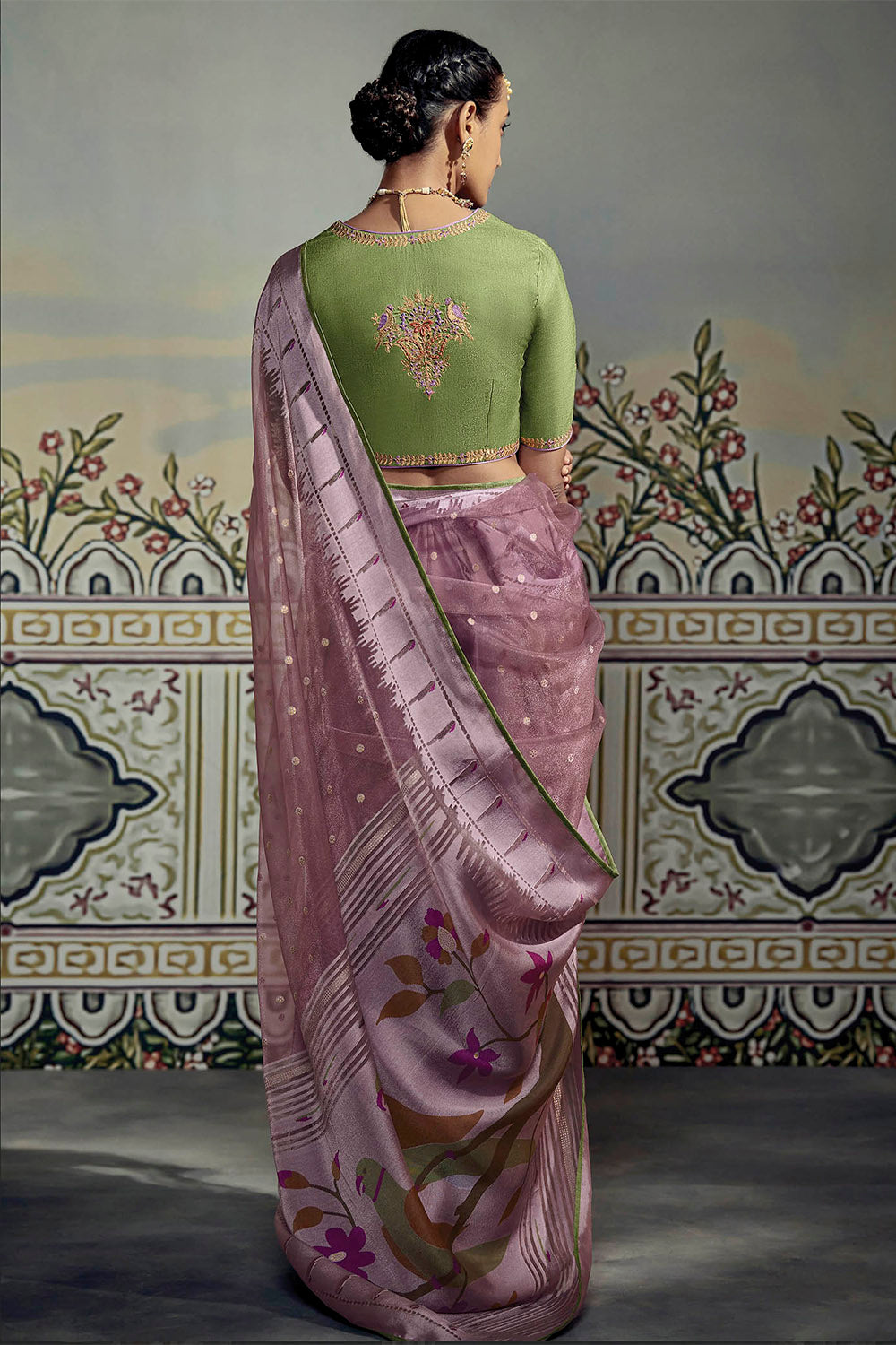 Pale Purple Soft Brasso Silk Saree with Olive Green Blouse