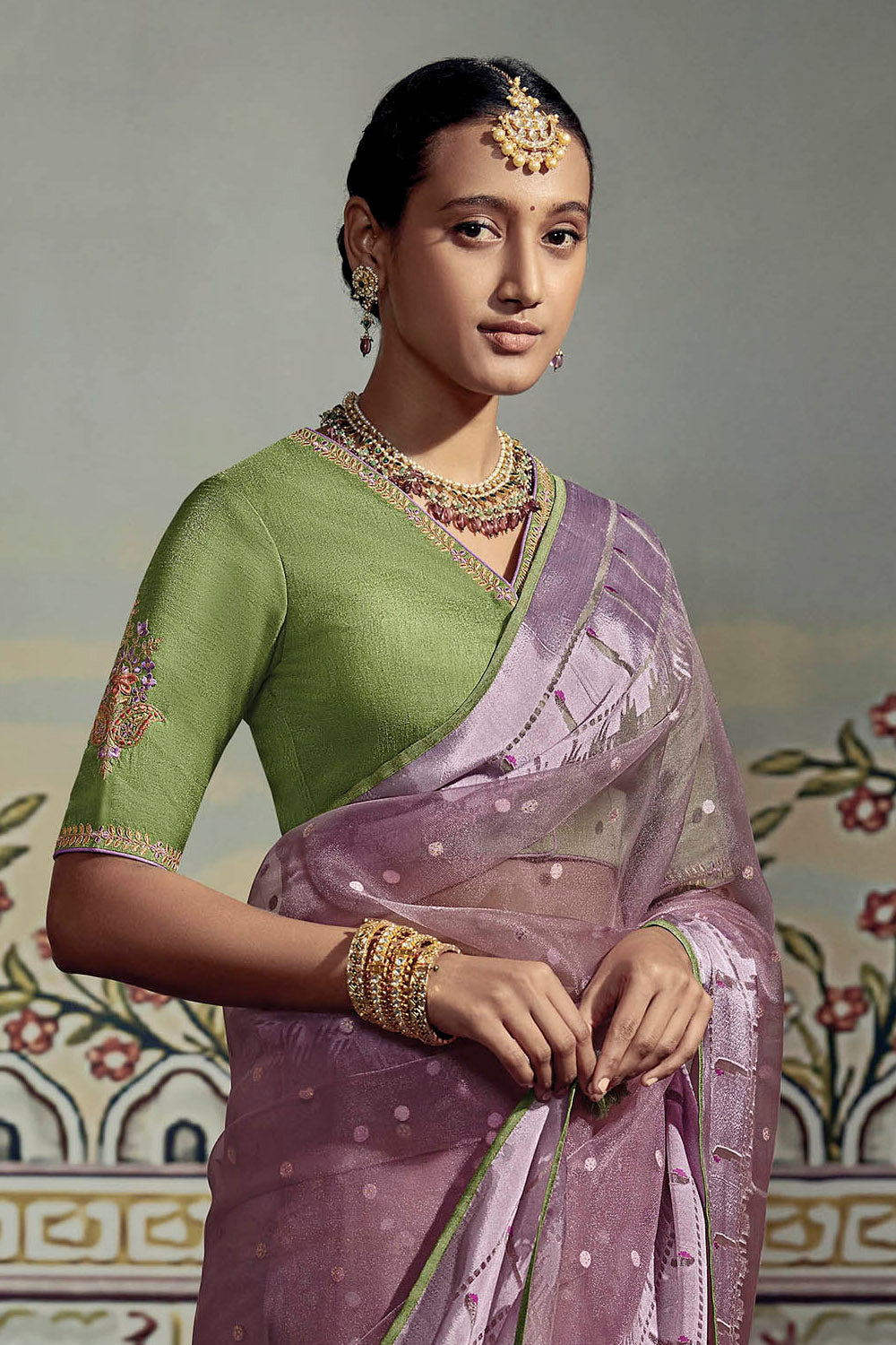 Pale Purple Soft Brasso Silk Saree with Olive Green Blouse