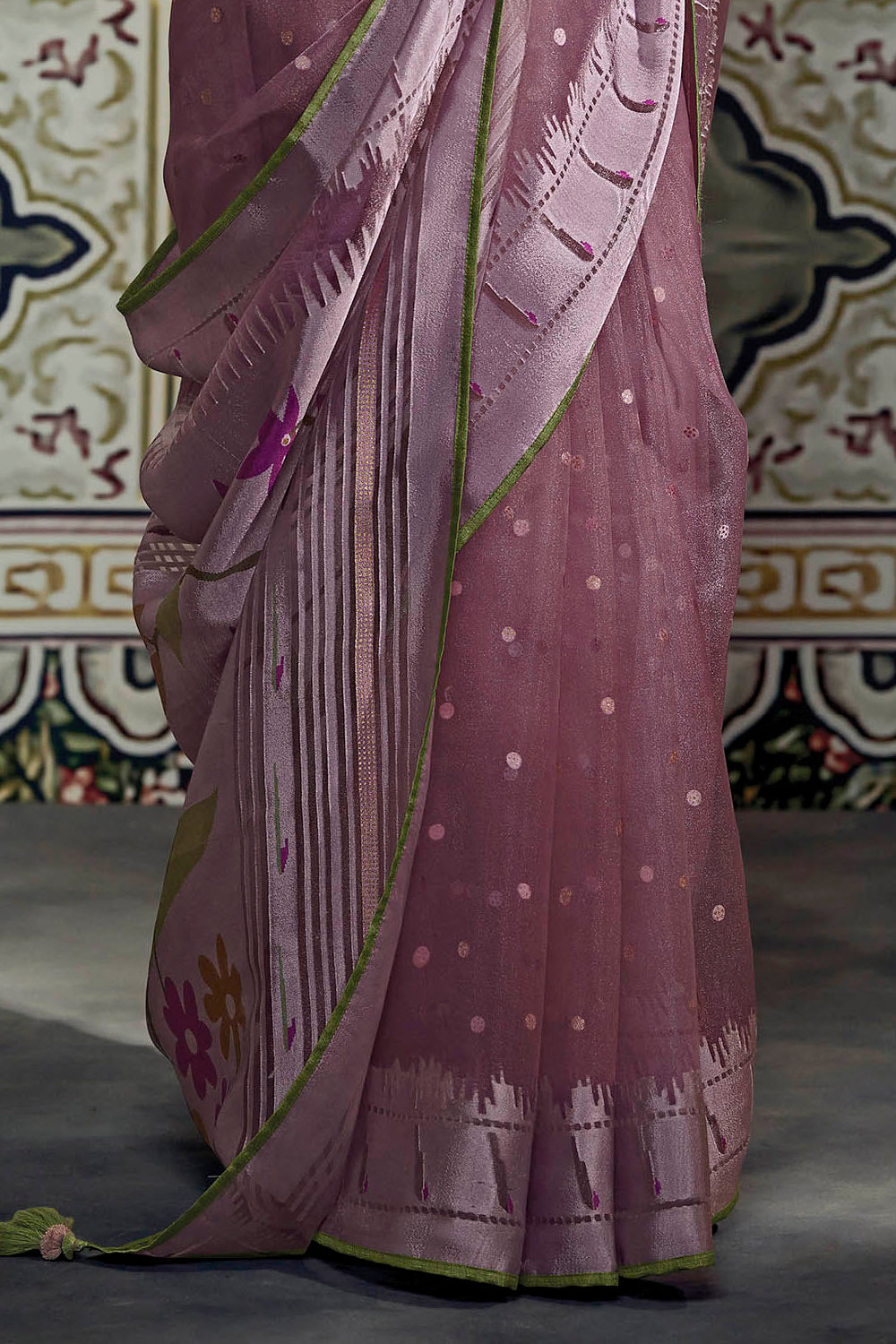 Pale Purple Soft Brasso Silk Saree with Olive Green Blouse