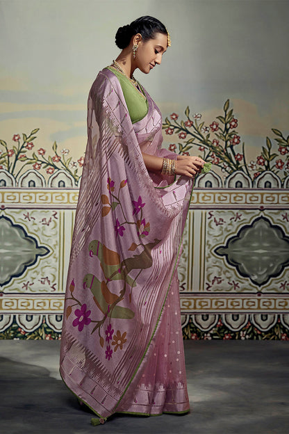 Pale Purple Soft Brasso Silk Saree with Olive Green Blouse