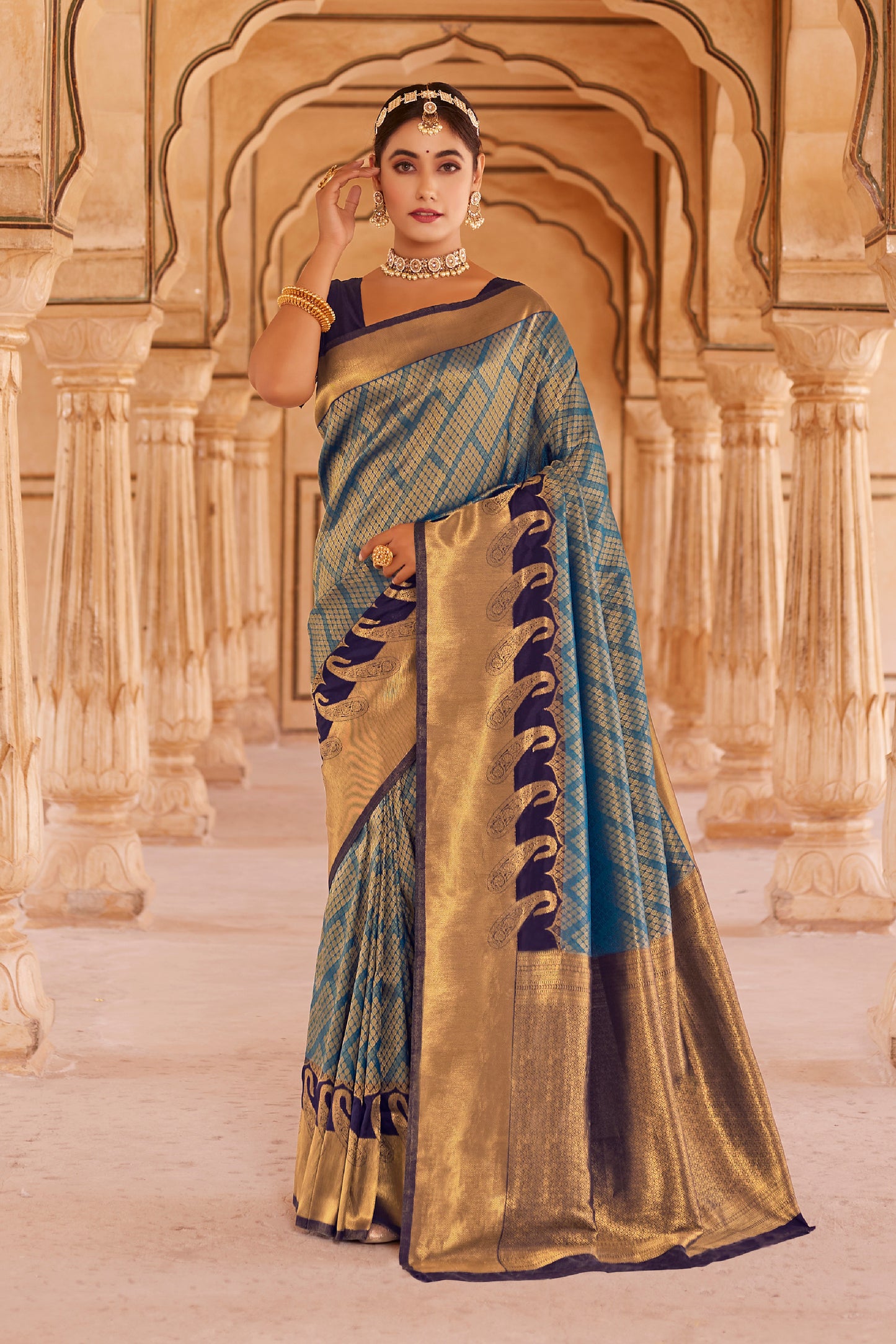 Azure Blue Big Zari Bordered Kanjivaram Saree for Weddings