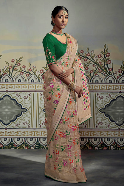 Cream with Mukti Soft Brasso Silk Saree with Dark Green Blouse