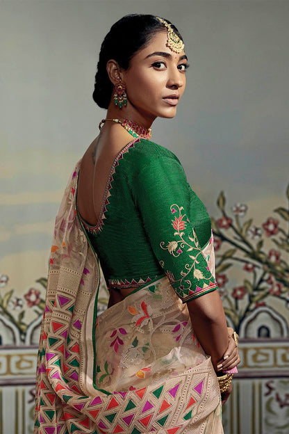 Cream with Mukti Soft Brasso Silk Saree with Dark Green Blouse