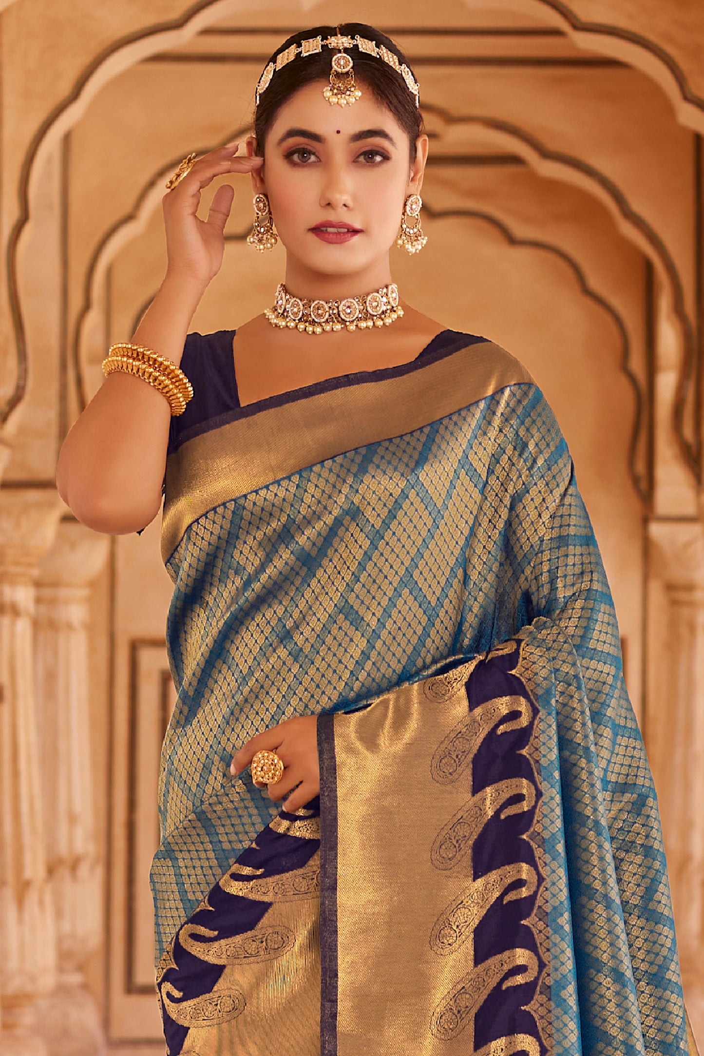 Azure Blue Big Zari Bordered Kanjivaram Saree for Weddings