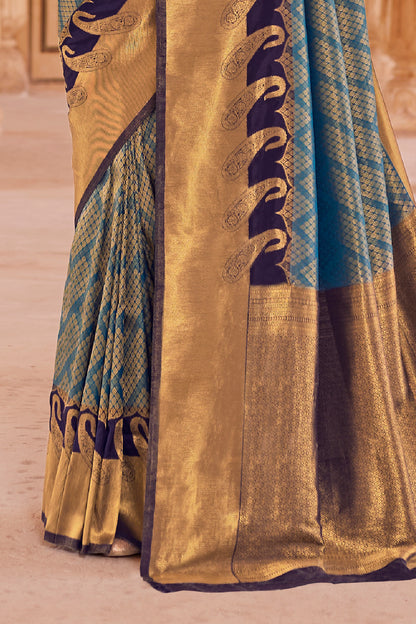 Azure Blue Big Zari Bordered Kanjivaram Saree for Weddings