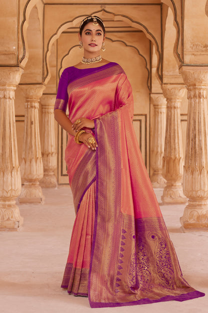 Taffy Pink Big Zari Bordered Kanjivaram Saree for Weddings