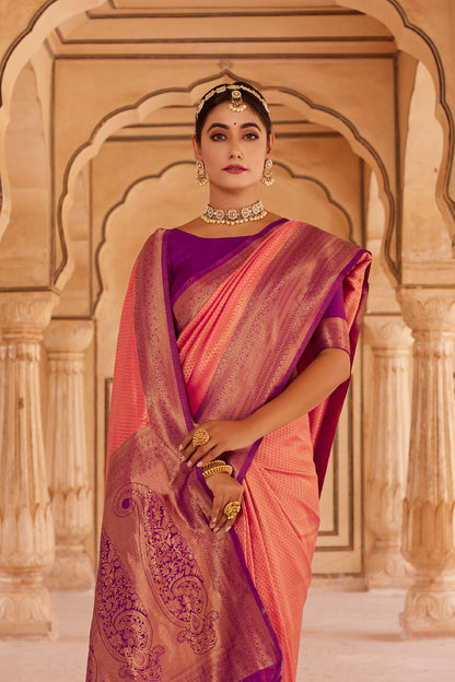 Taffy Pink Big Zari Bordered Kanjivaram Saree for Weddings