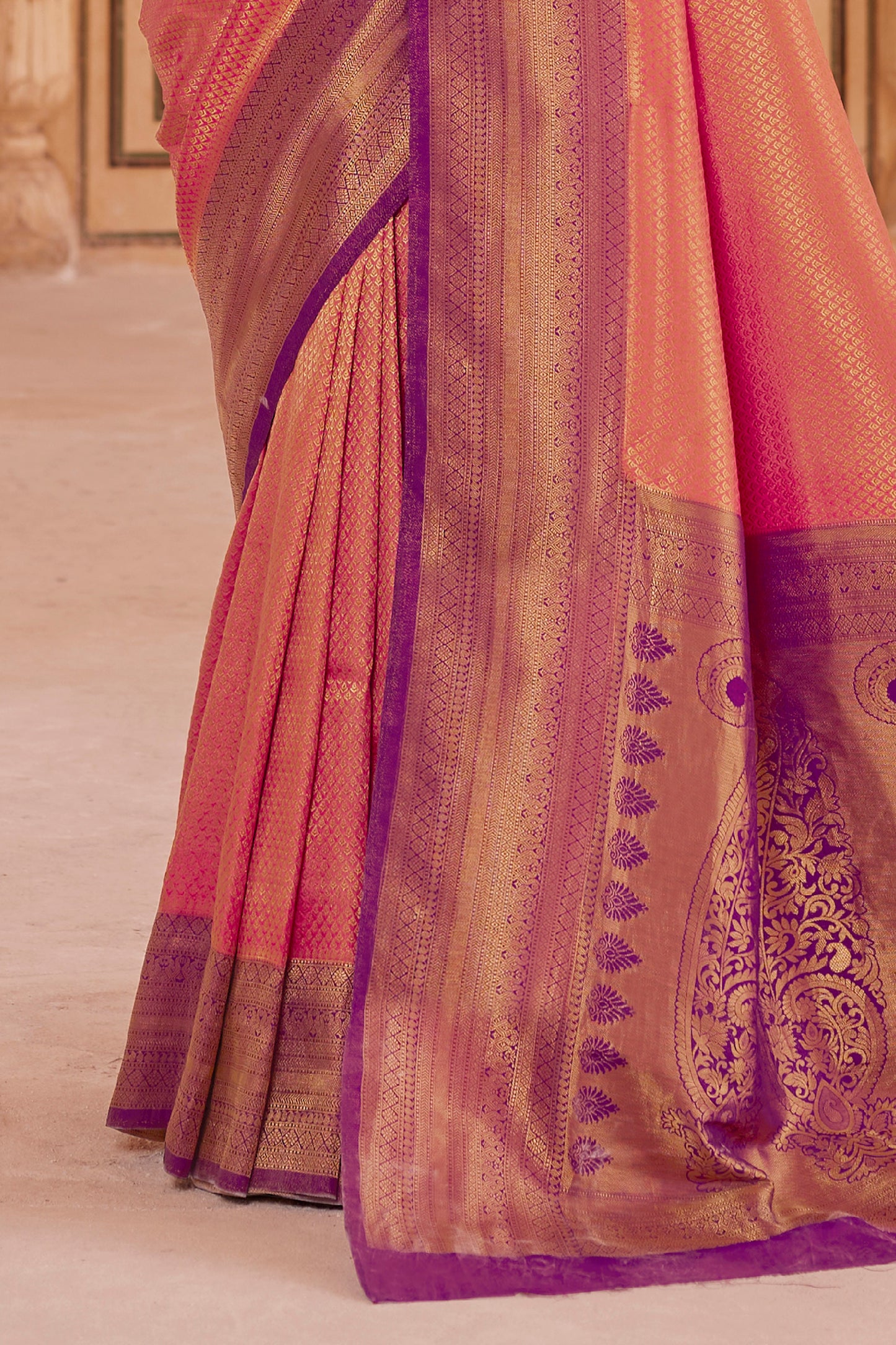 Taffy Pink Big Zari Bordered Kanjivaram Saree for Weddings