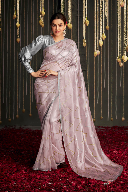 Onion Pink Mettalic Organza Lightweight Saree