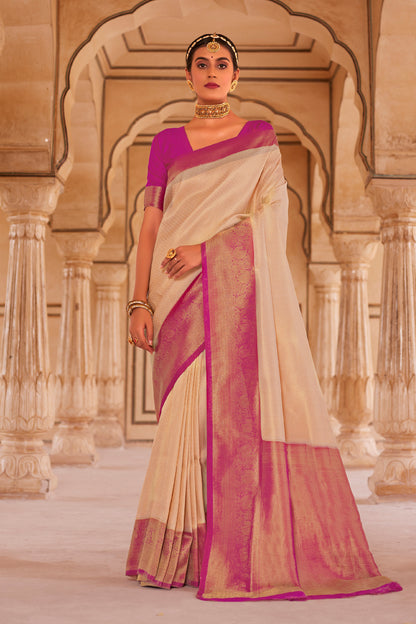 Daisy White with Pink Big Zari Bordered Kanjivaram Saree for Weddings