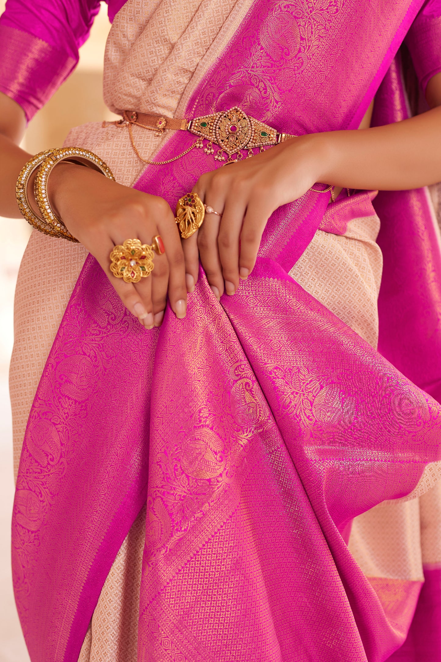 Daisy White with Pink Big Zari Bordered Kanjivaram Saree for Weddings