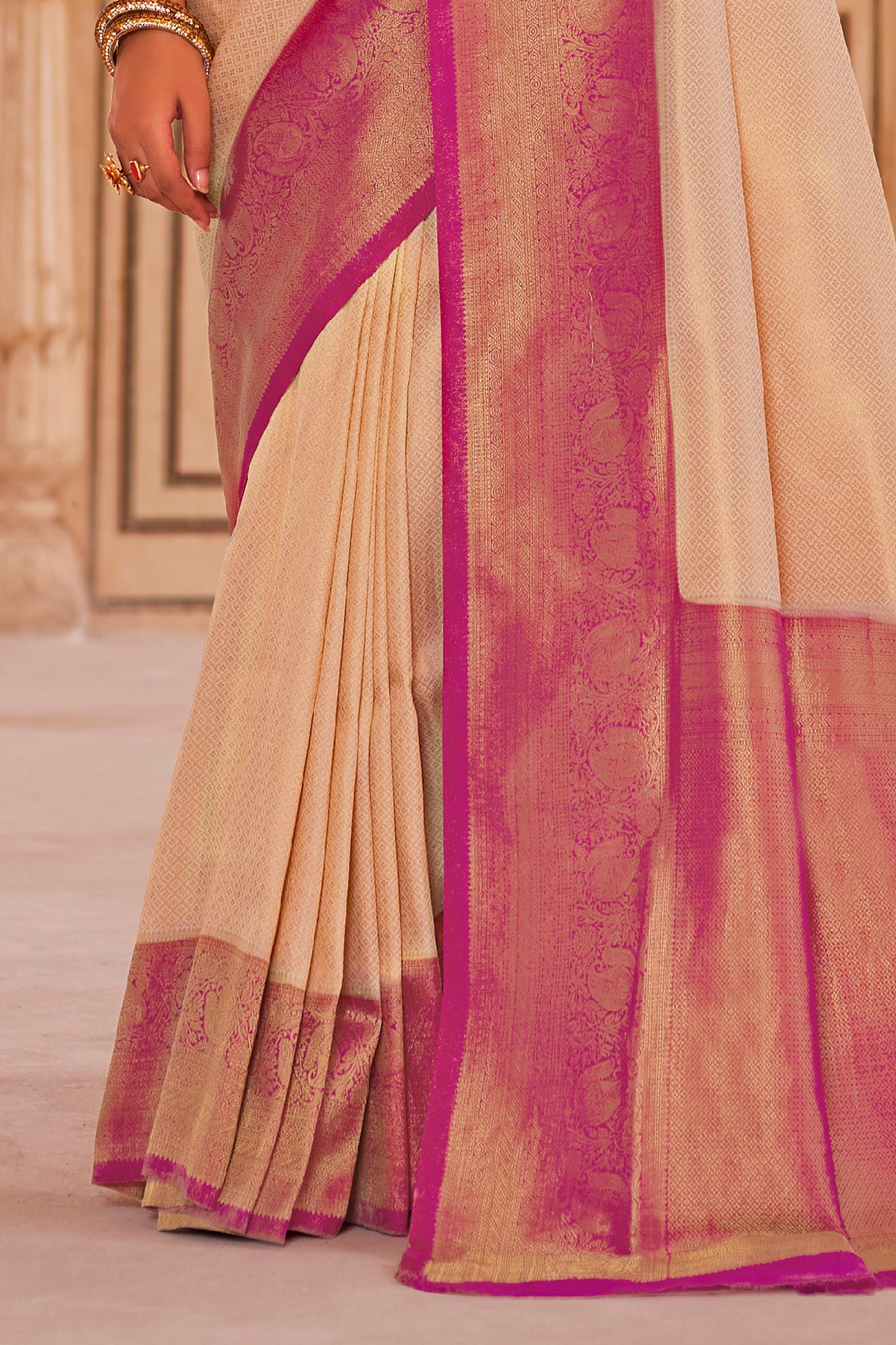 Daisy White with Pink Big Zari Bordered Kanjivaram Saree for Weddings