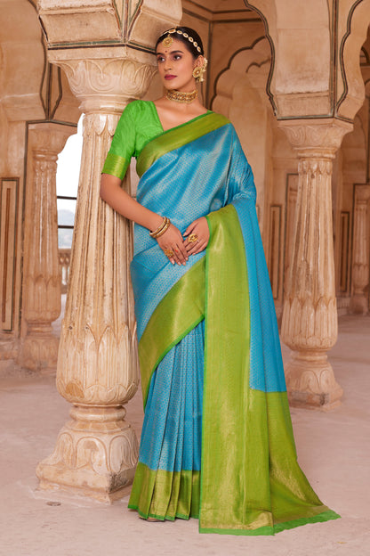 Arctic Blue with Green Big Zari Bordered Kanjivaram Saree for Weddings