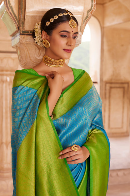 Arctic Blue with Green Big Zari Bordered Kanjivaram Saree for Weddings