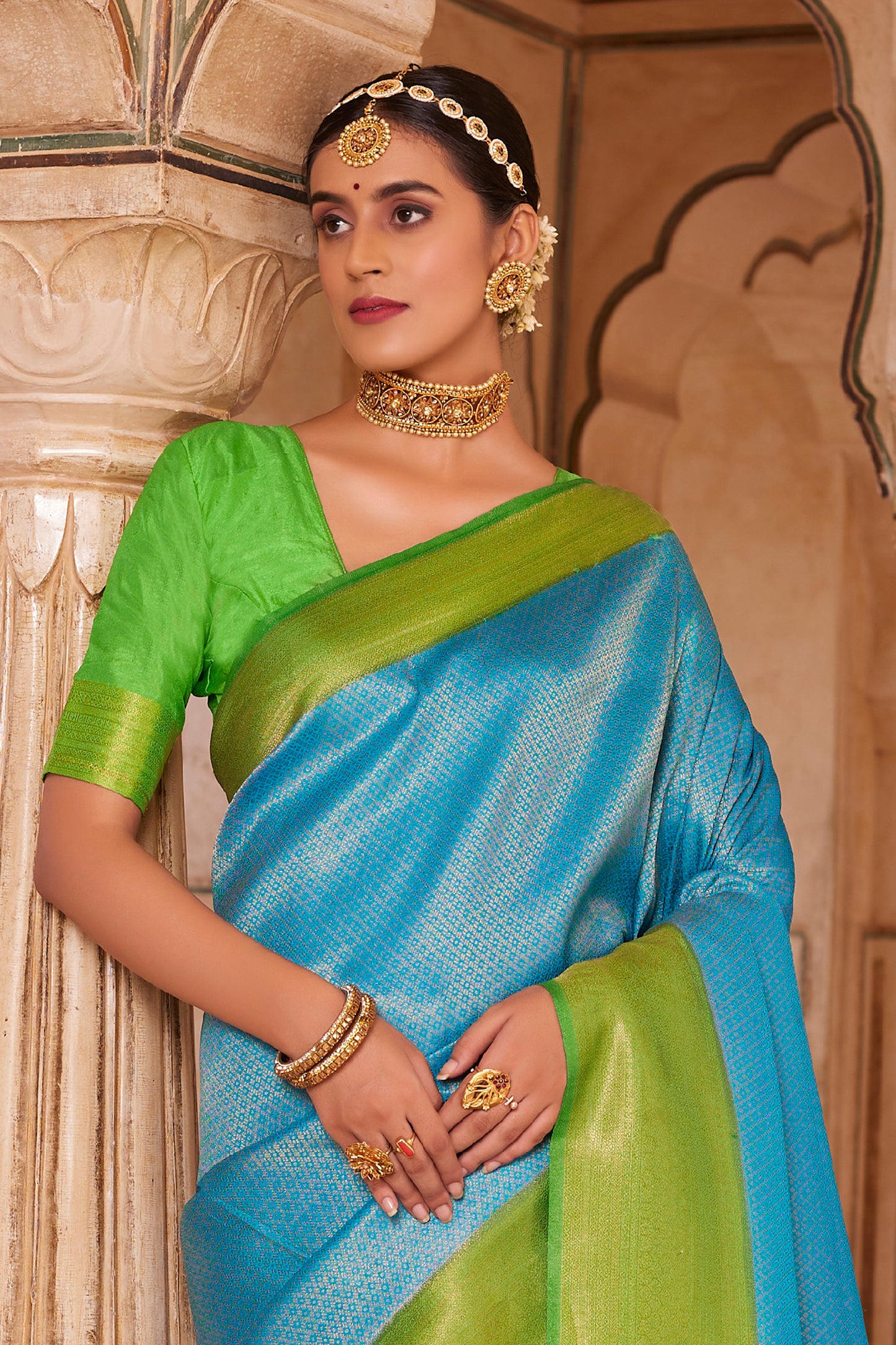 Arctic Blue with Green Big Zari Bordered Kanjivaram Saree for Weddings