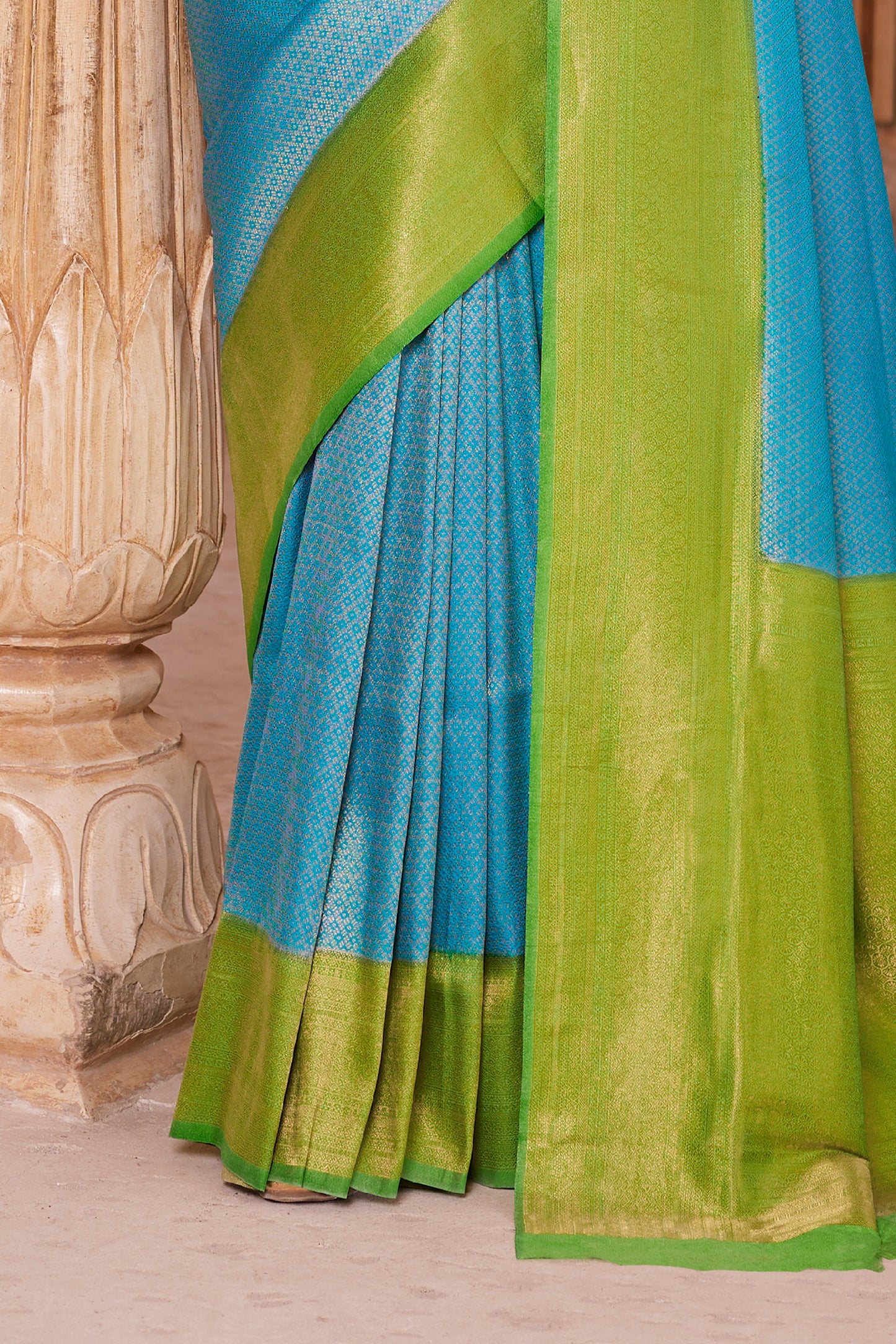 Arctic Blue with Green Big Zari Bordered Kanjivaram Saree for Weddings