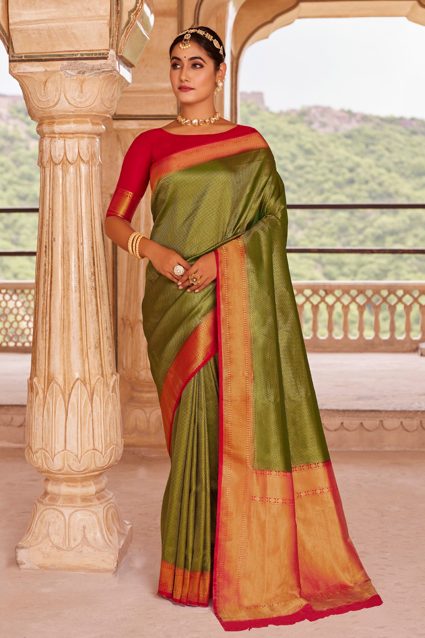 Dark Olive Big Zari Bordered Kanjivaram Saree for Weddings