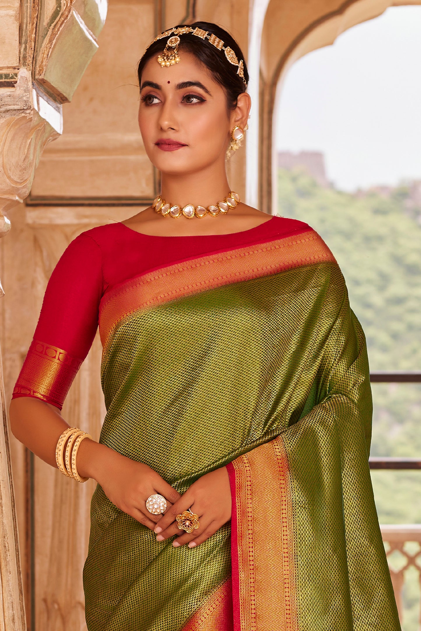 Dark Olive Big Zari Bordered Kanjivaram Saree for Weddings