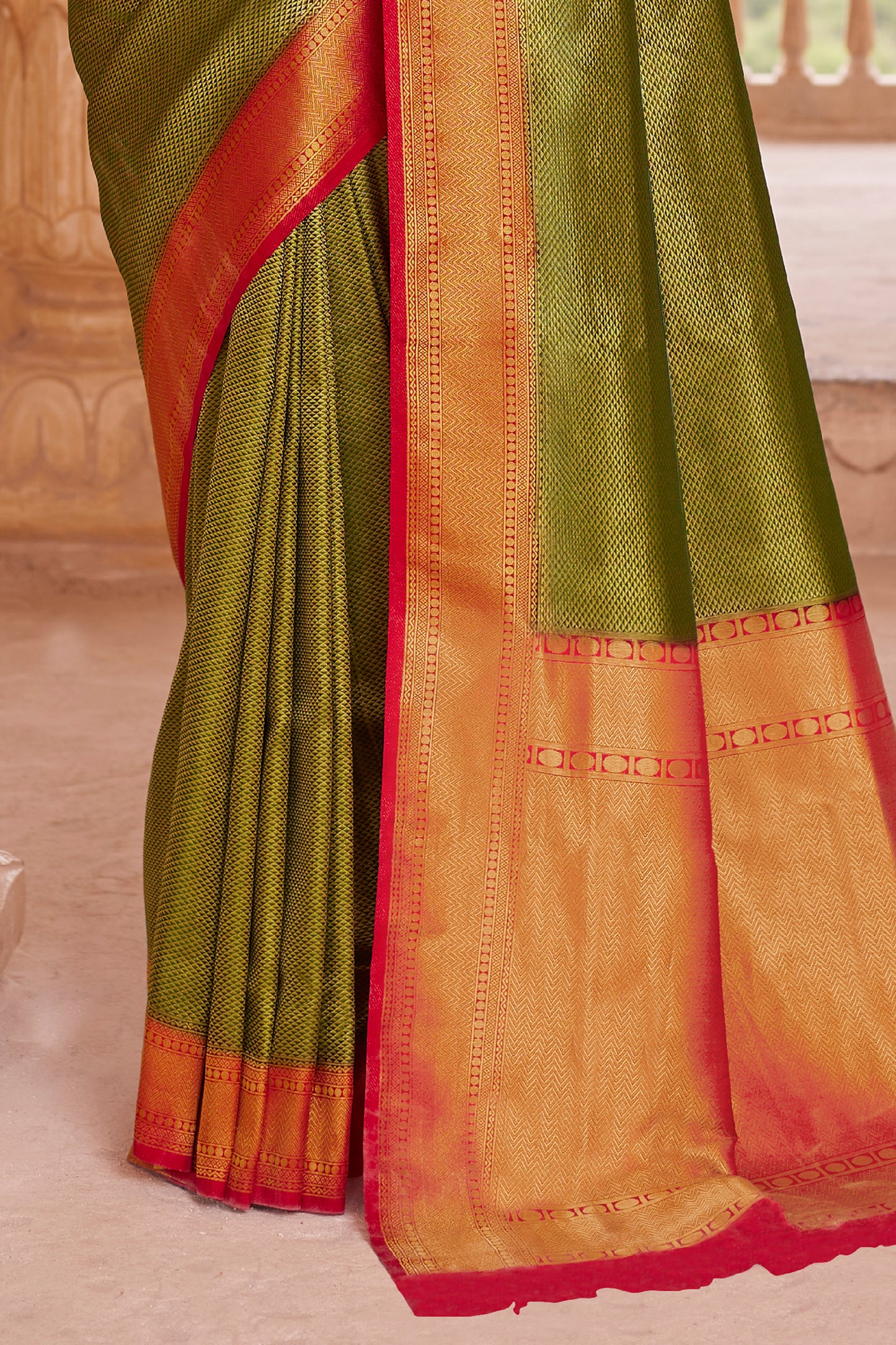 Dark Olive Big Zari Bordered Kanjivaram Saree for Weddings