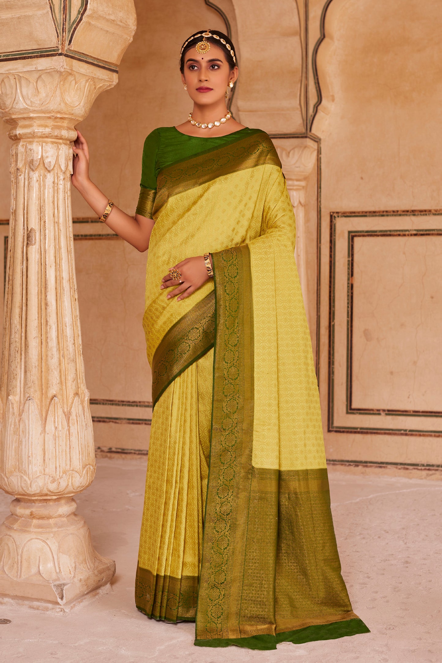 Daffodil Yellow Big Zari Bordered Kanjivaram Saree for Weddings