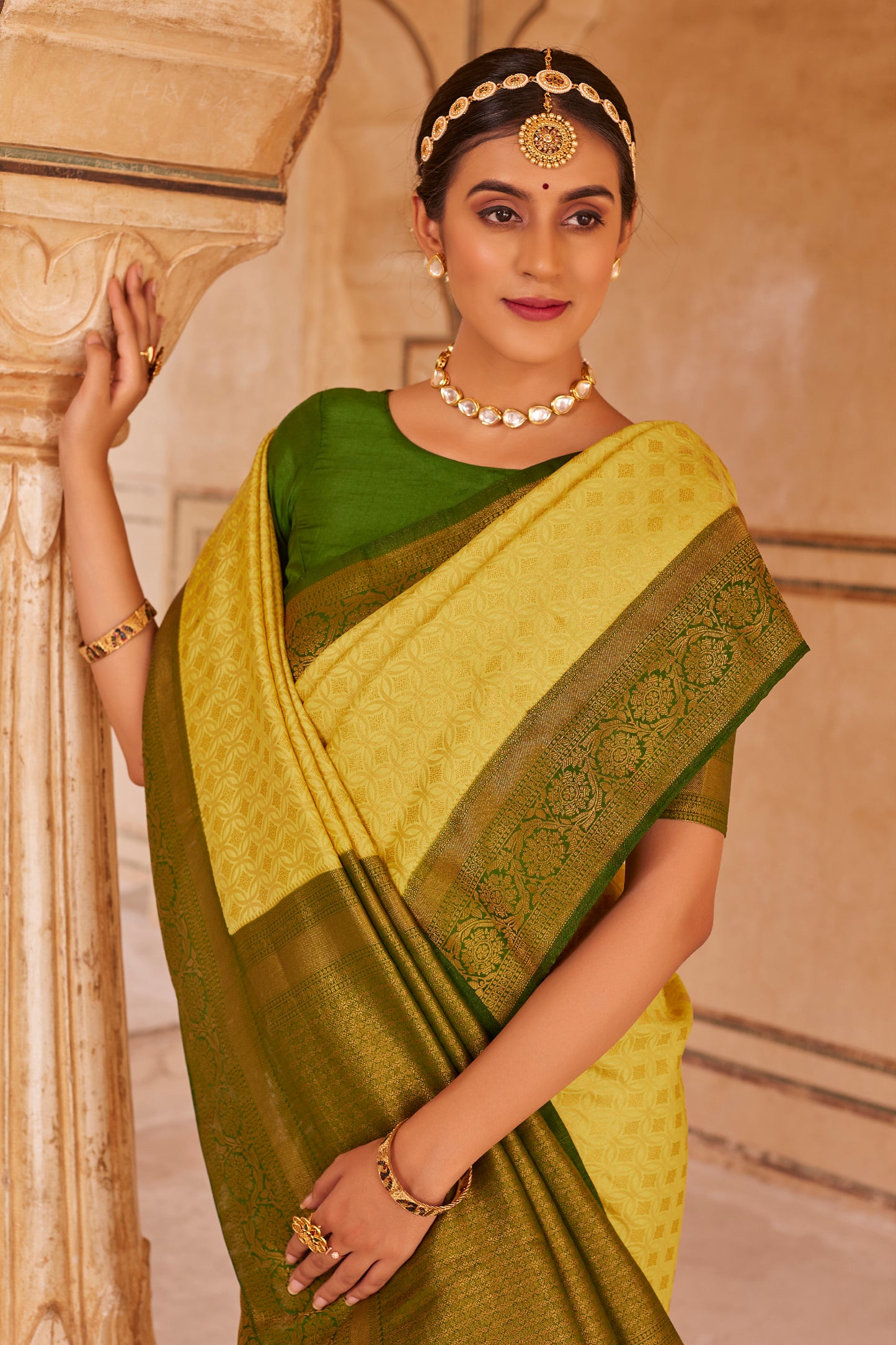 Daffodil Yellow Big Zari Bordered Kanjivaram Saree for Weddings