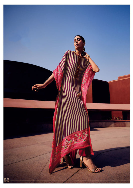 Brown White Stripe Kaftan Dress with Pink Patola Border