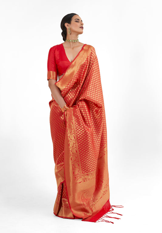 Fiery Red  Zari Woven Soft Kanjivaram Silk Saree