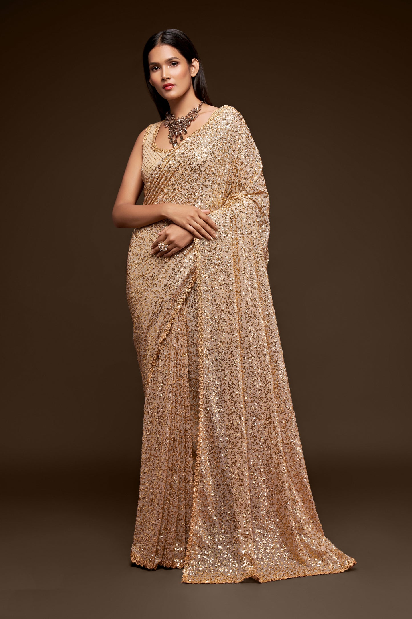 Cream Golden Sequin emblished Designer Sparkling Georgette Saree Bloue for Every Occassions