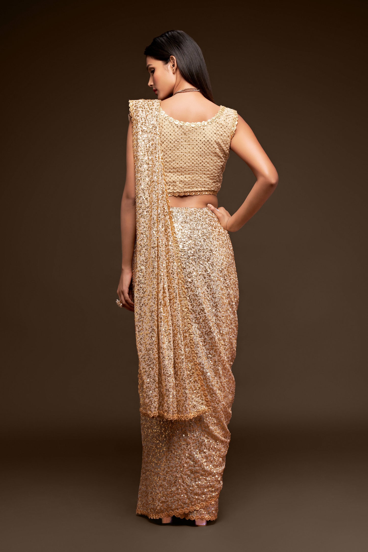 Cream Golden Sequin emblished Designer Sparkling Georgette Saree Bloue for Every Occassions