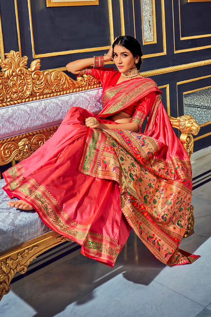 Dark Peach Paithani Woven Pallu and Border Saree with Contrast Blouse