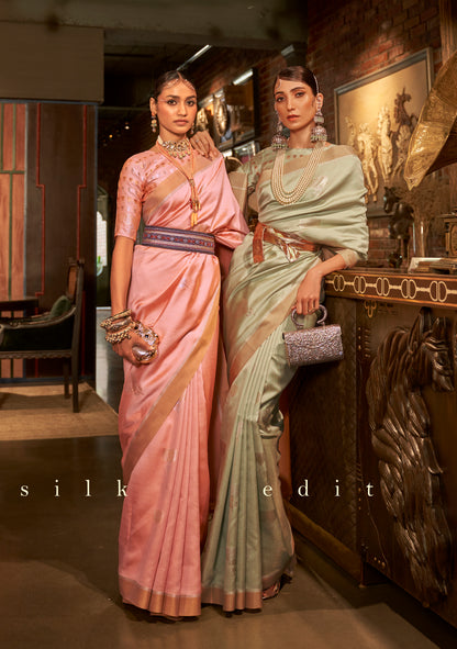 Rose Pink Designer Kanjivaram Saree With Copper Zari Pallu