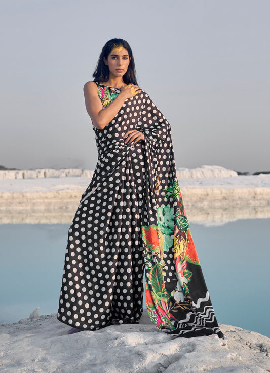 Black Polka Dot Digital Designer Satin Printed Saree