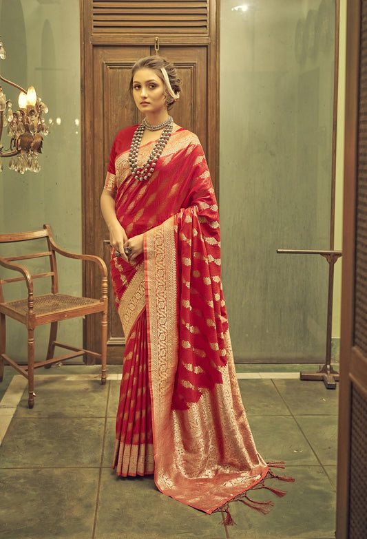 Bridal Red Soft Banarasi Saree with Lehariya Style Zari Weaving