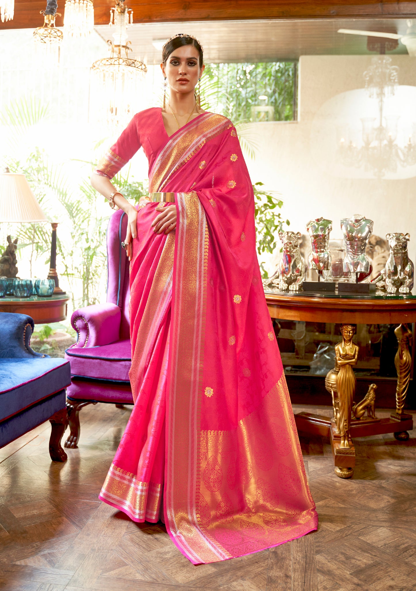 French Pink Soft Banarasi Silk Saree with Golden Zari Weaving