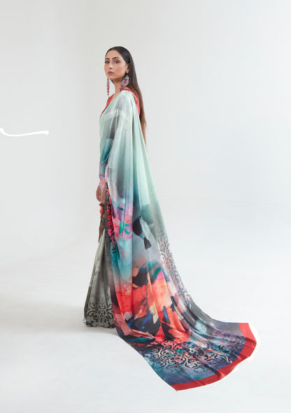 Grey Blue Abstract 3D Printed Pure Satin Silk Saree for Weddings