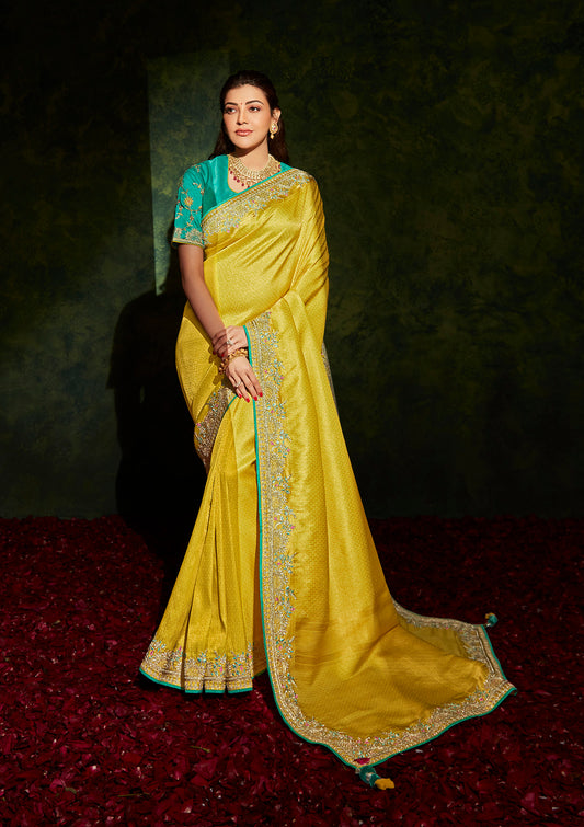 Canary Yellow Soft Organza Saree with Teal Embroidered Blouse