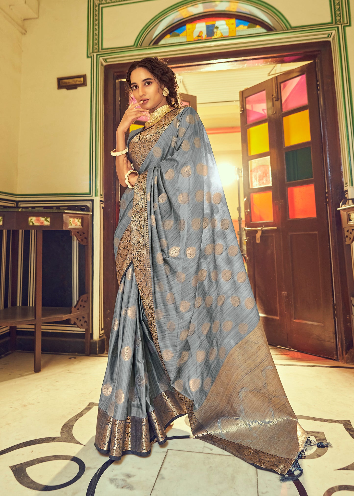 Graphite Grey Woven Banarasi Saree for Weddings