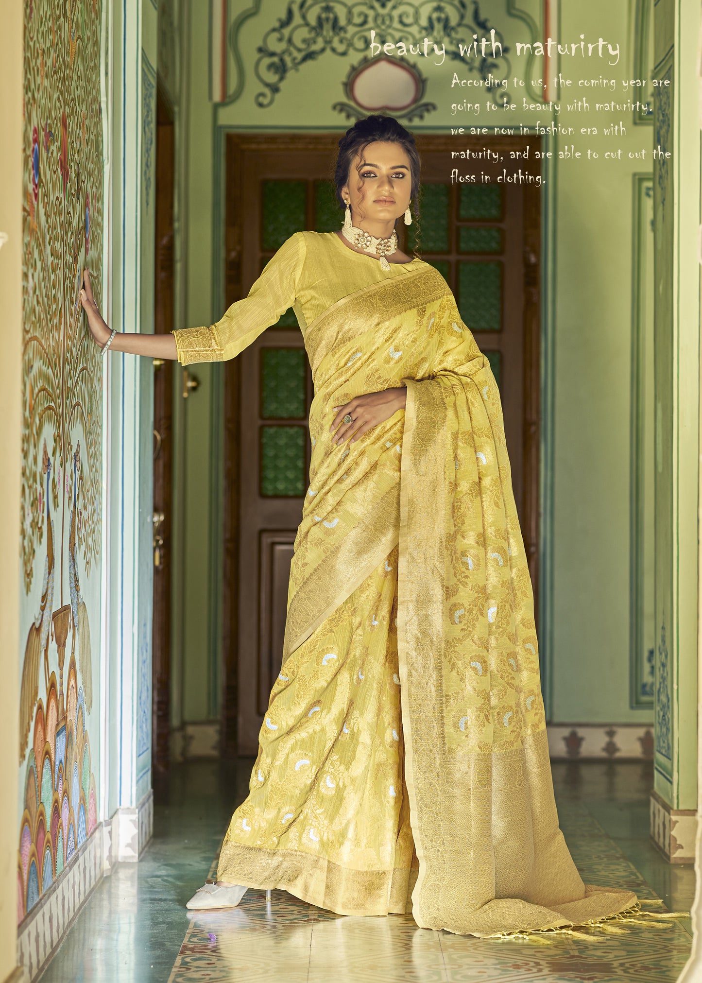 Sparkling Yellow Banarasi Jungla Jaal Zari Woven Saree for Weddings