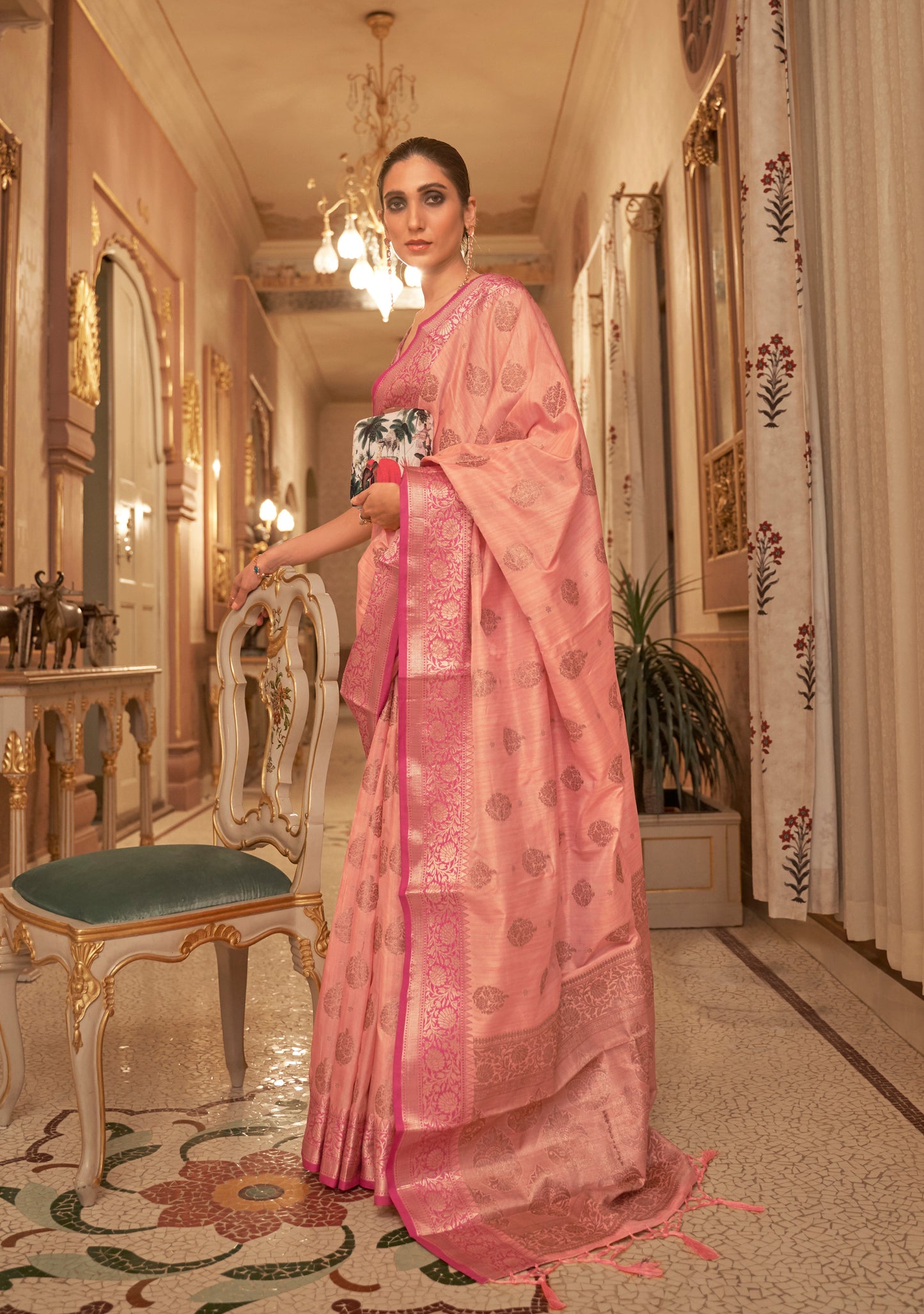 Peach with Pink Soft Tussar Silk Saree with Copper Zari Butti