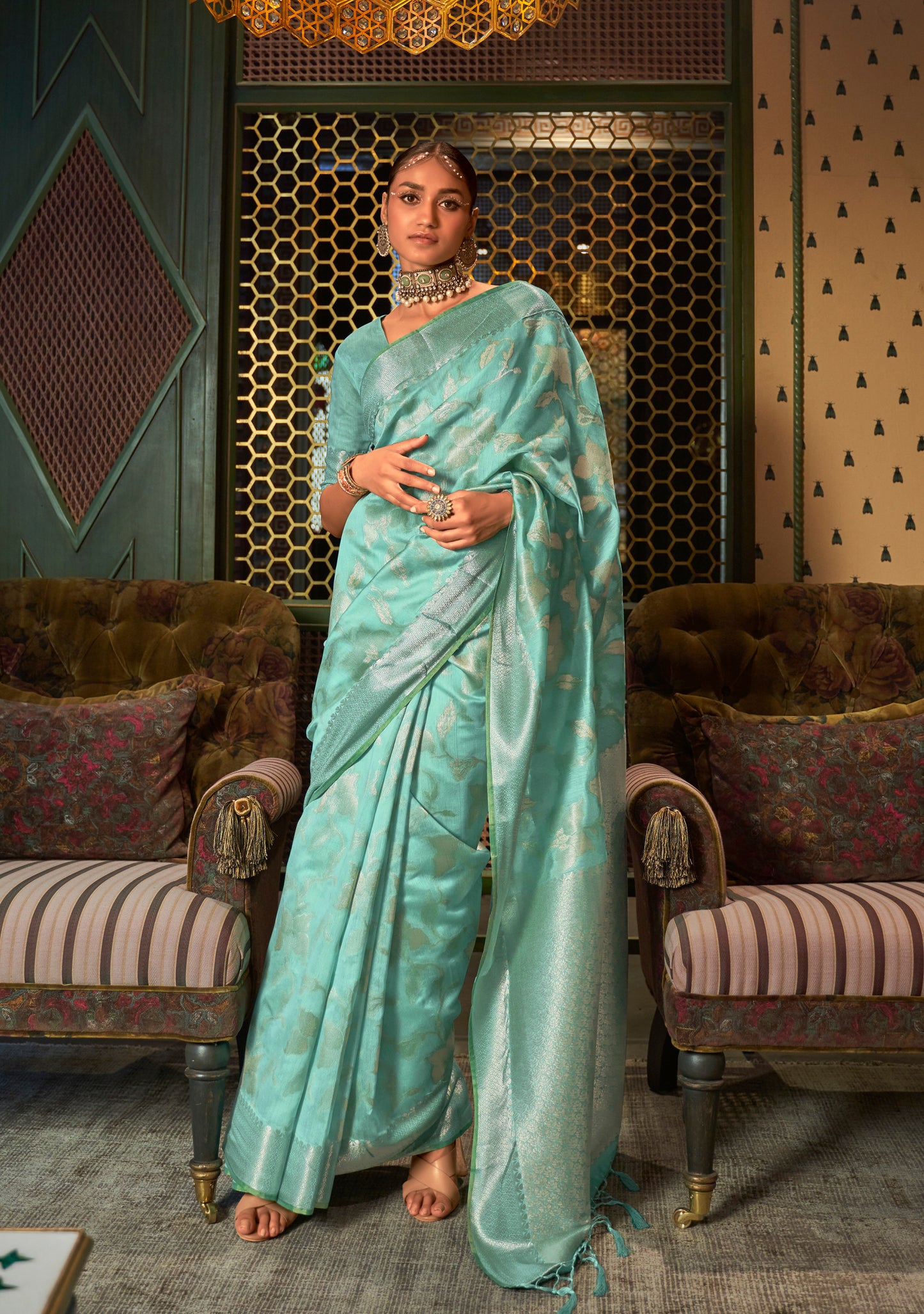 Aqua Blue Woven Banarasi Jungla Jaal Soft Silk Saree