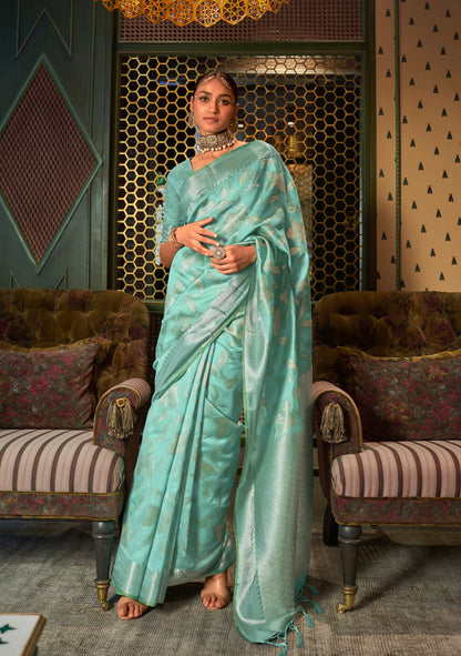 Aqua Blue Woven Banarasi Jungla Jaal Soft Silk Saree