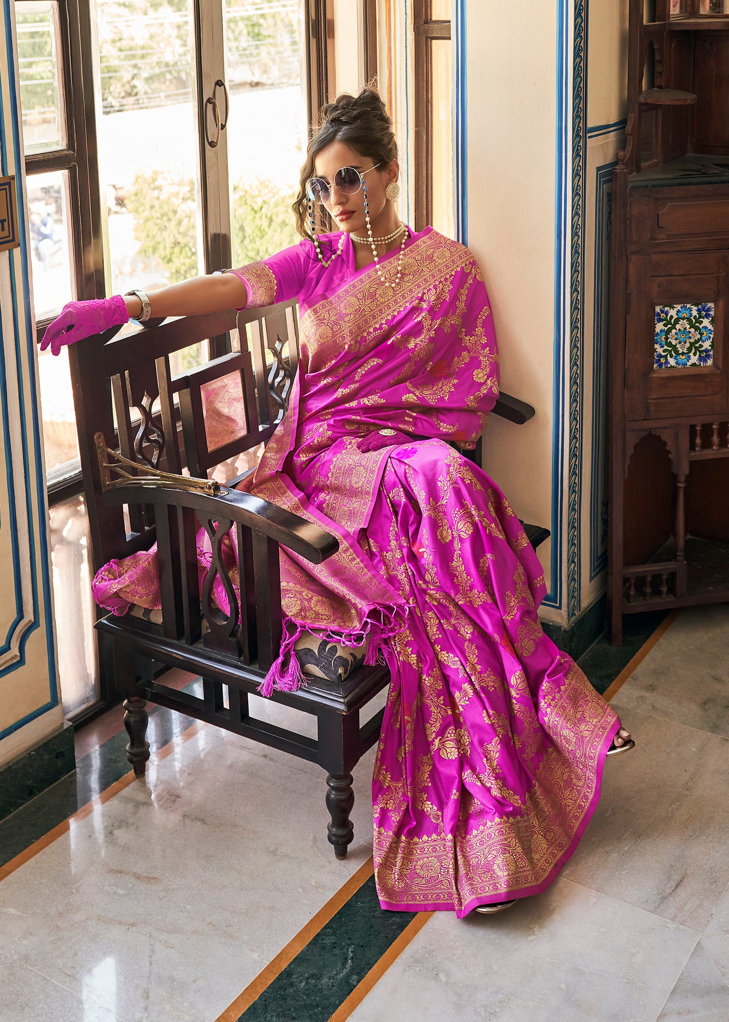 True Pink Banarasi Jungla Jaal Meenakari Weaving Saree for Weddings