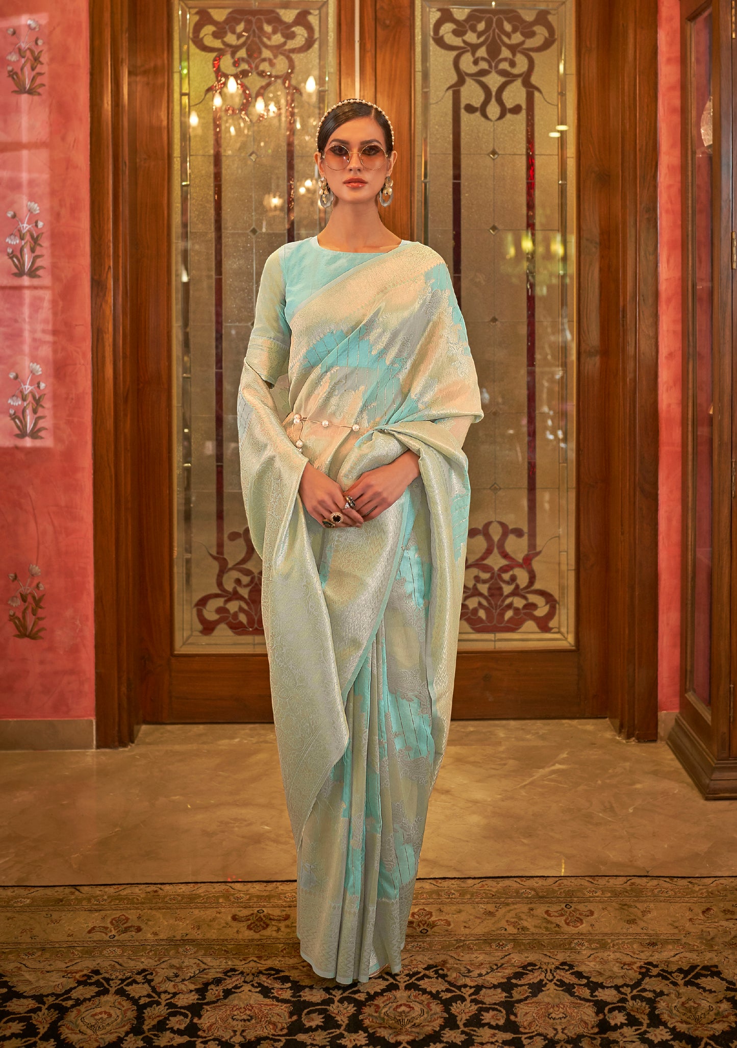 Light Cyan Soft Banarasi Zari Woven Designer Saree