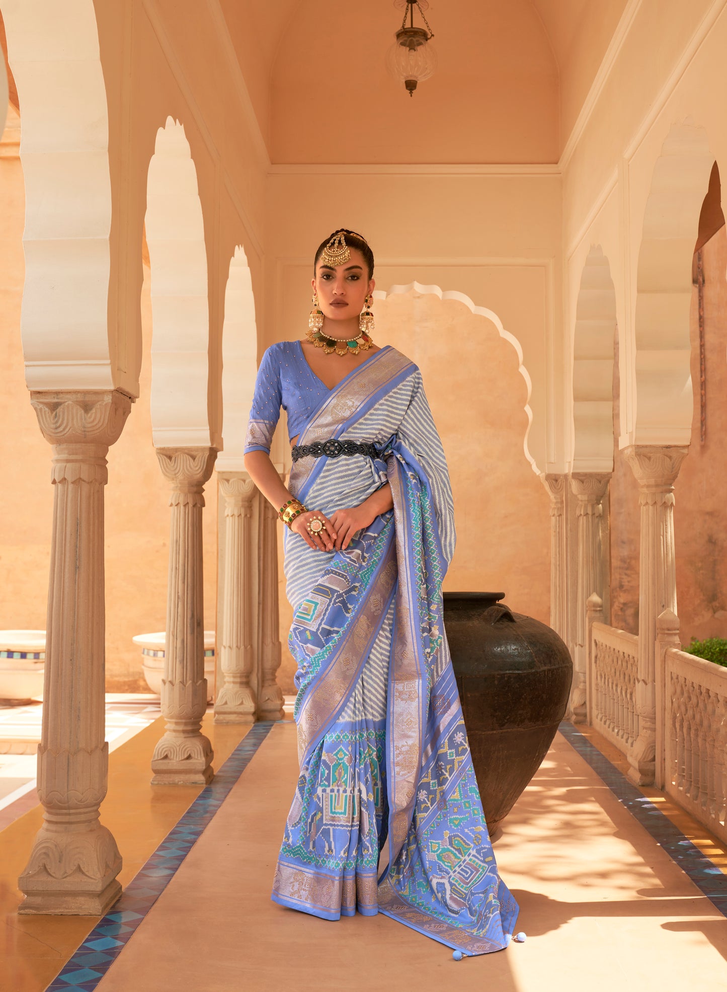 Powder Blue Patola Silk Saree For Woman With Zari Border Patola Silk Saree