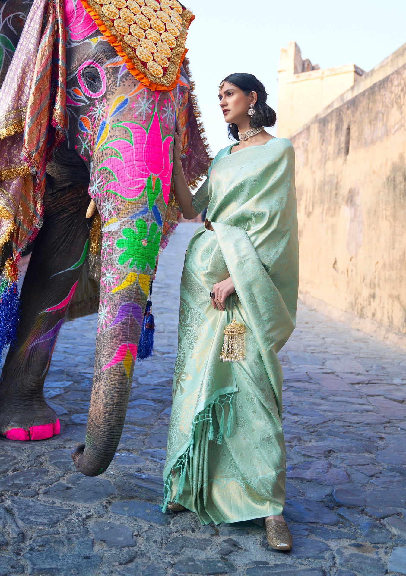 Sage Brocade Single Tone Kanjivaram Saree With Zari Weaving