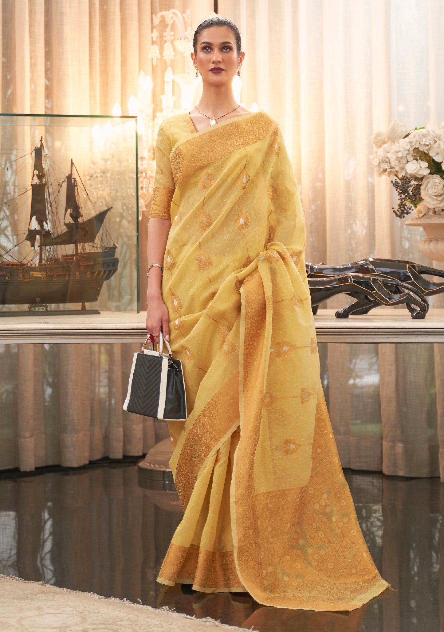 Light Turmeric Banarasi Woven Line Silk Saree