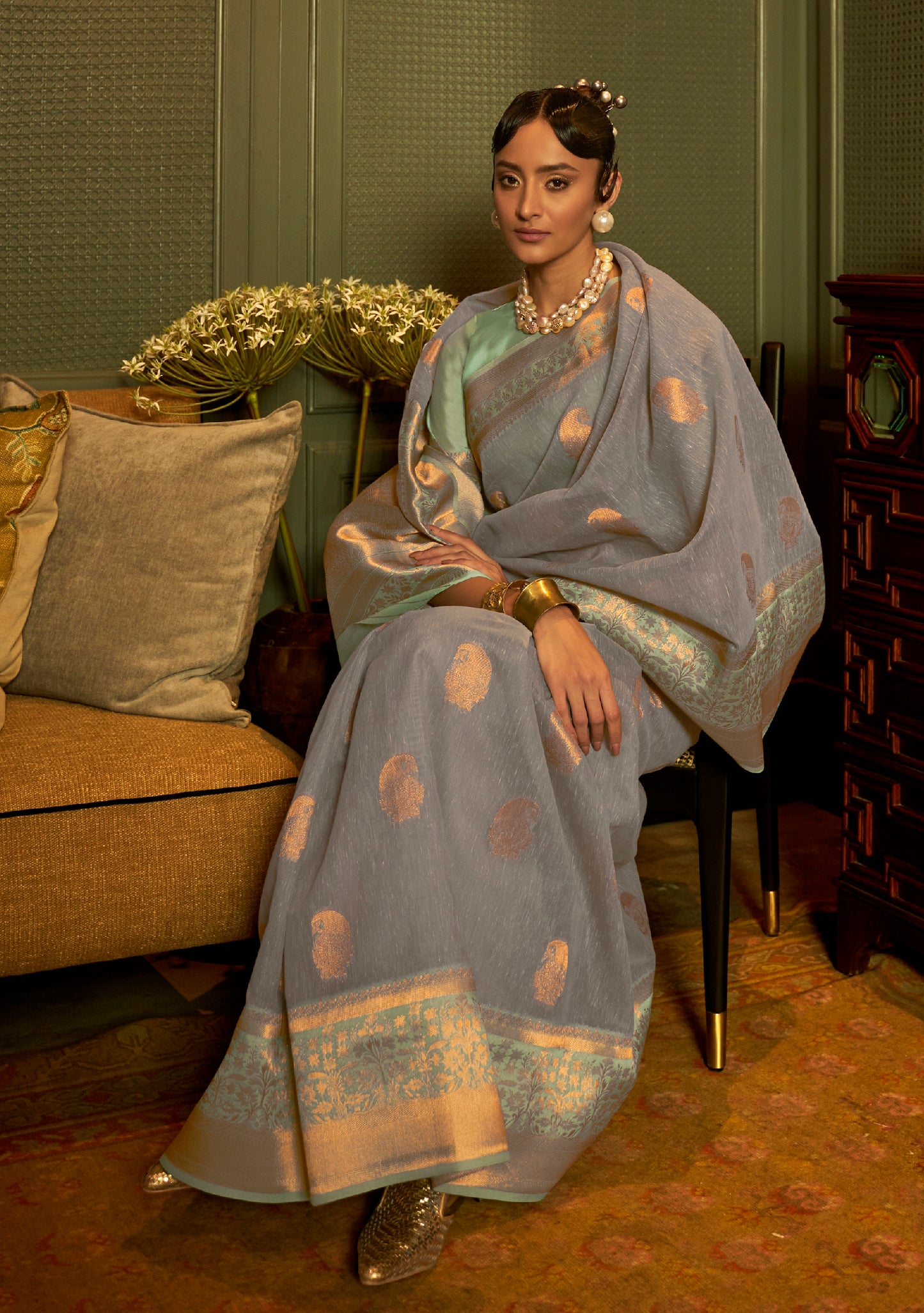 Light Grey & Mint Woven Banarasi Linen Silk Saree