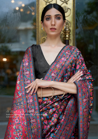 Jet Black Kashmiri Handloom Modal Silk Woven Kani Saree for Weddings