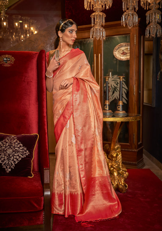 Peach with Red  kanjivaram Pattu Saree for Woman