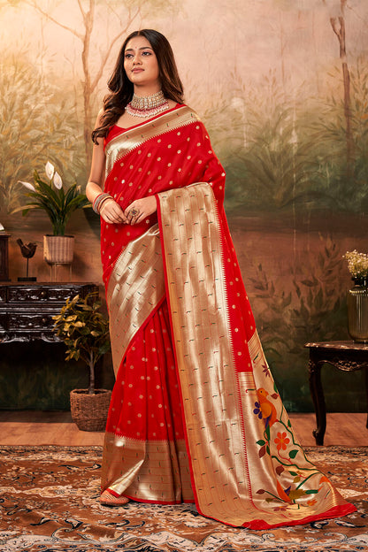 Apple Red Banarasi Paithani Saree with Parrot Pallu and Broad Zari Border